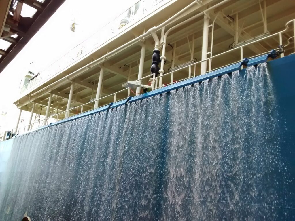 A water curtain used to protect the FSRU an tanker during transfer